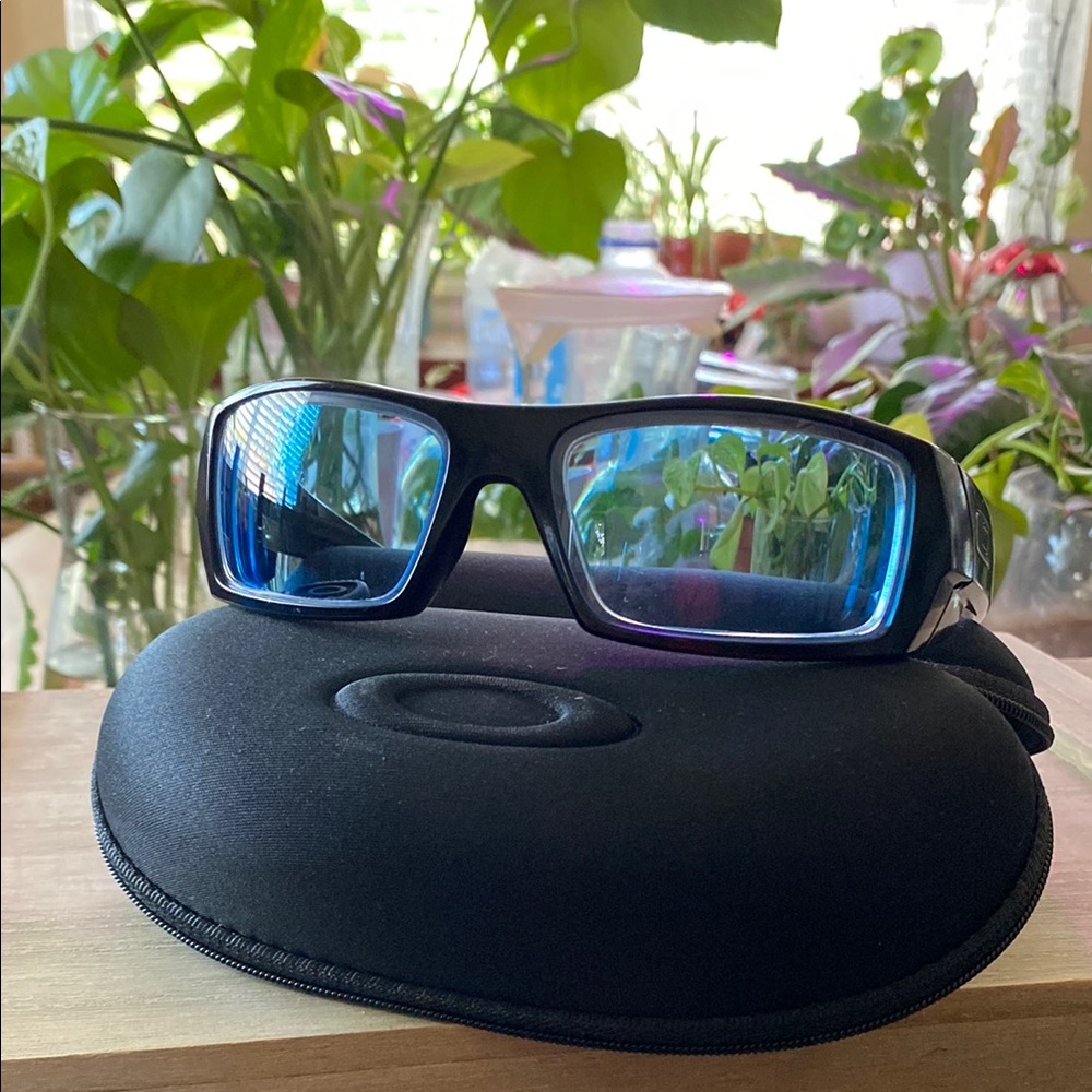 Oakley Gascan Black Frame Sunglasses with Reflective Blue Lenses